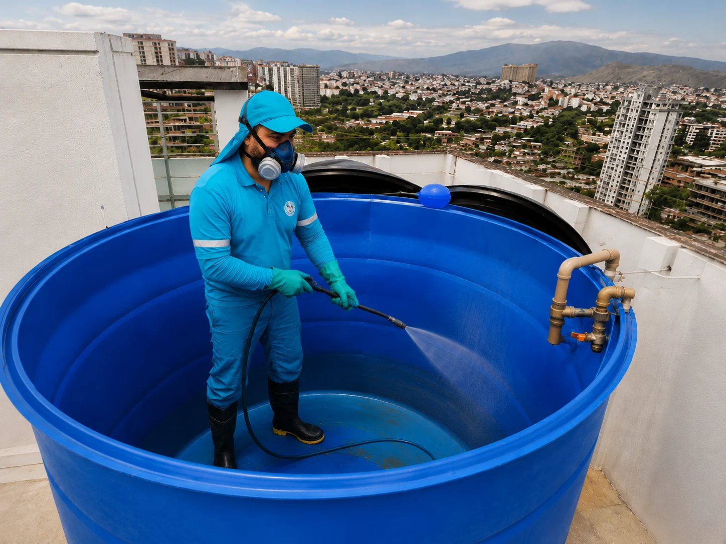 Tecnico de control de plagas lavando un tanque de agua en una azotea de Cali