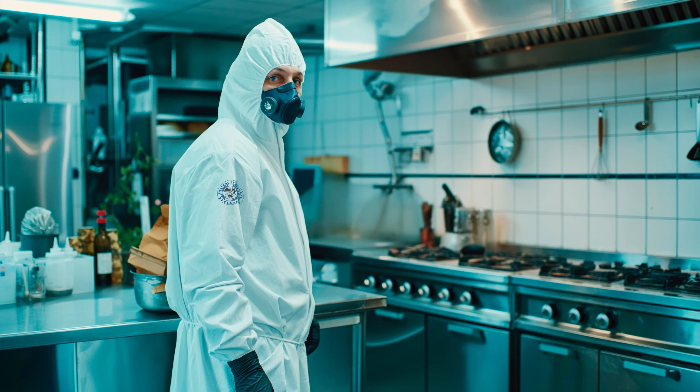 Operario de control de plagas desinfectando una cocina